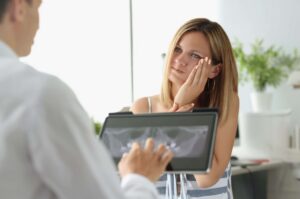 Female patient with acute toothache at doctor appointment with X-ray image. Removal of inflamed teeth concept