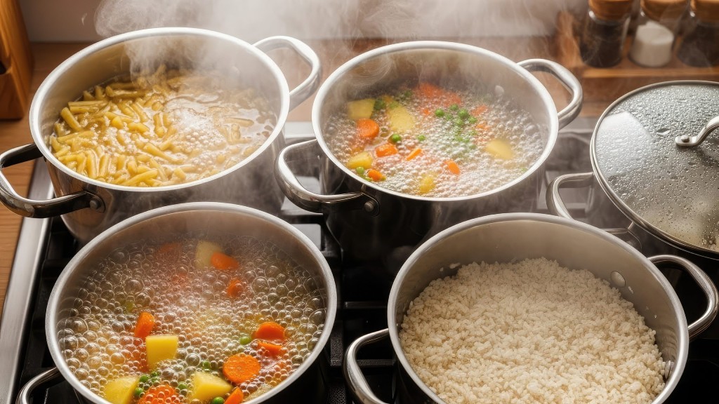 Multiple pots on a stovetop filled with various cooking foods and ingredients, steaming hot in a kitchen setting with soft natural lighting